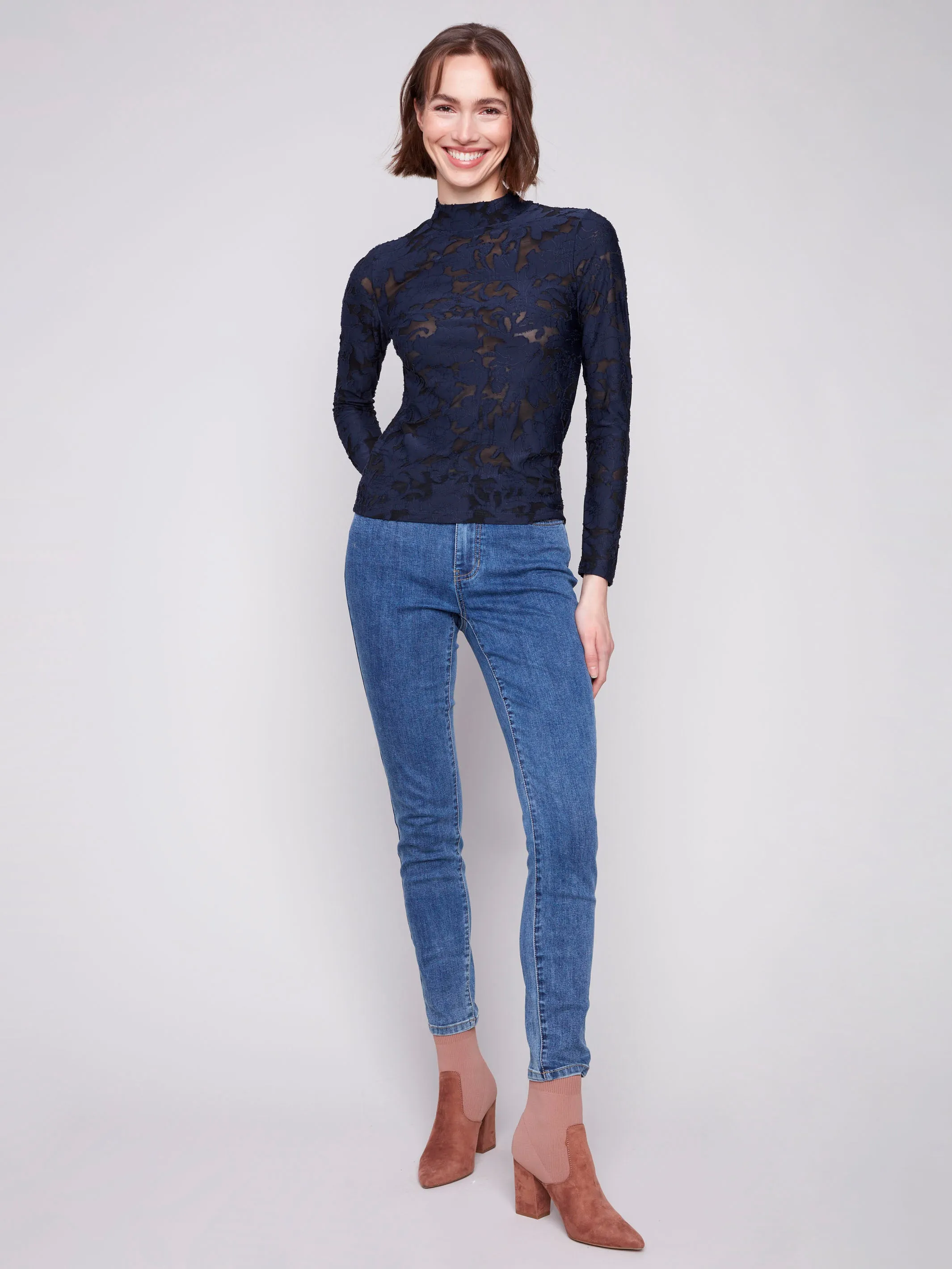 Autumn Wear MultipurposeUse Burnout Mesh Mock Neck Top - Blue Black