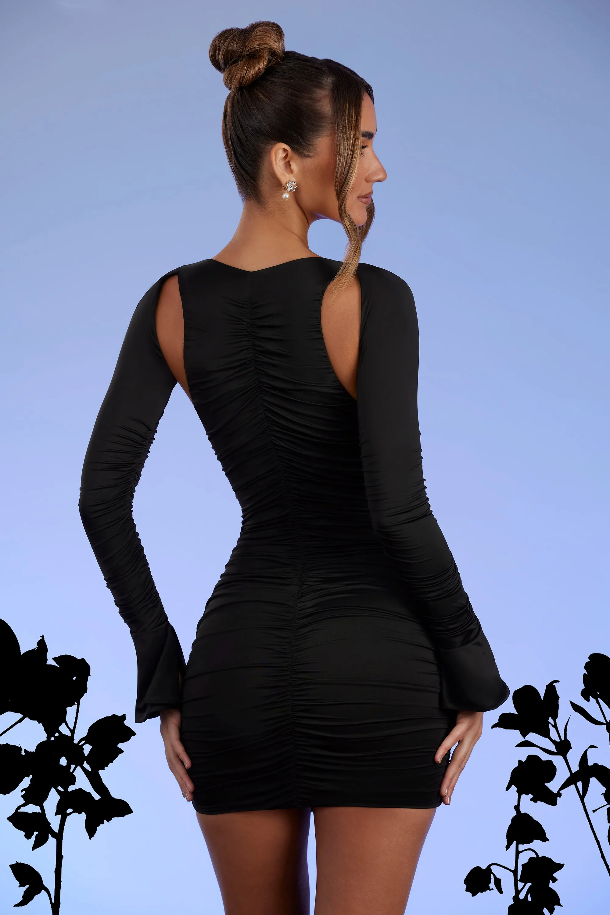 Low Plunge Ruched Mini Dress in Black Youthful Design Versatile Layering