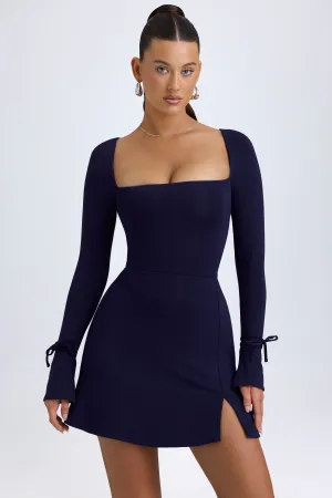 Floral Design Wear Urban Fashion Square Neck Long Sleeve Mini Dress in True Navy
