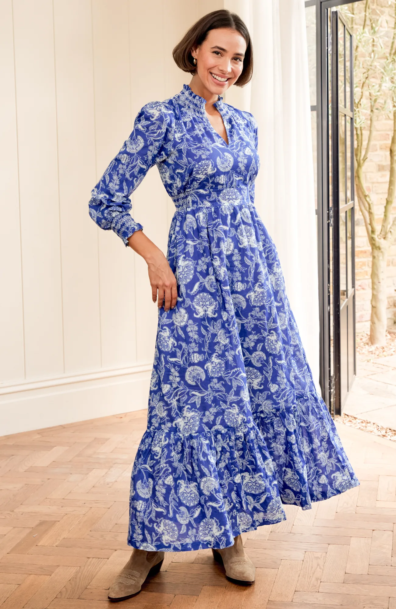 Stone Path Maple View Emmeline Organic Cotton Maxi Dress | Camelia Cobalt/White