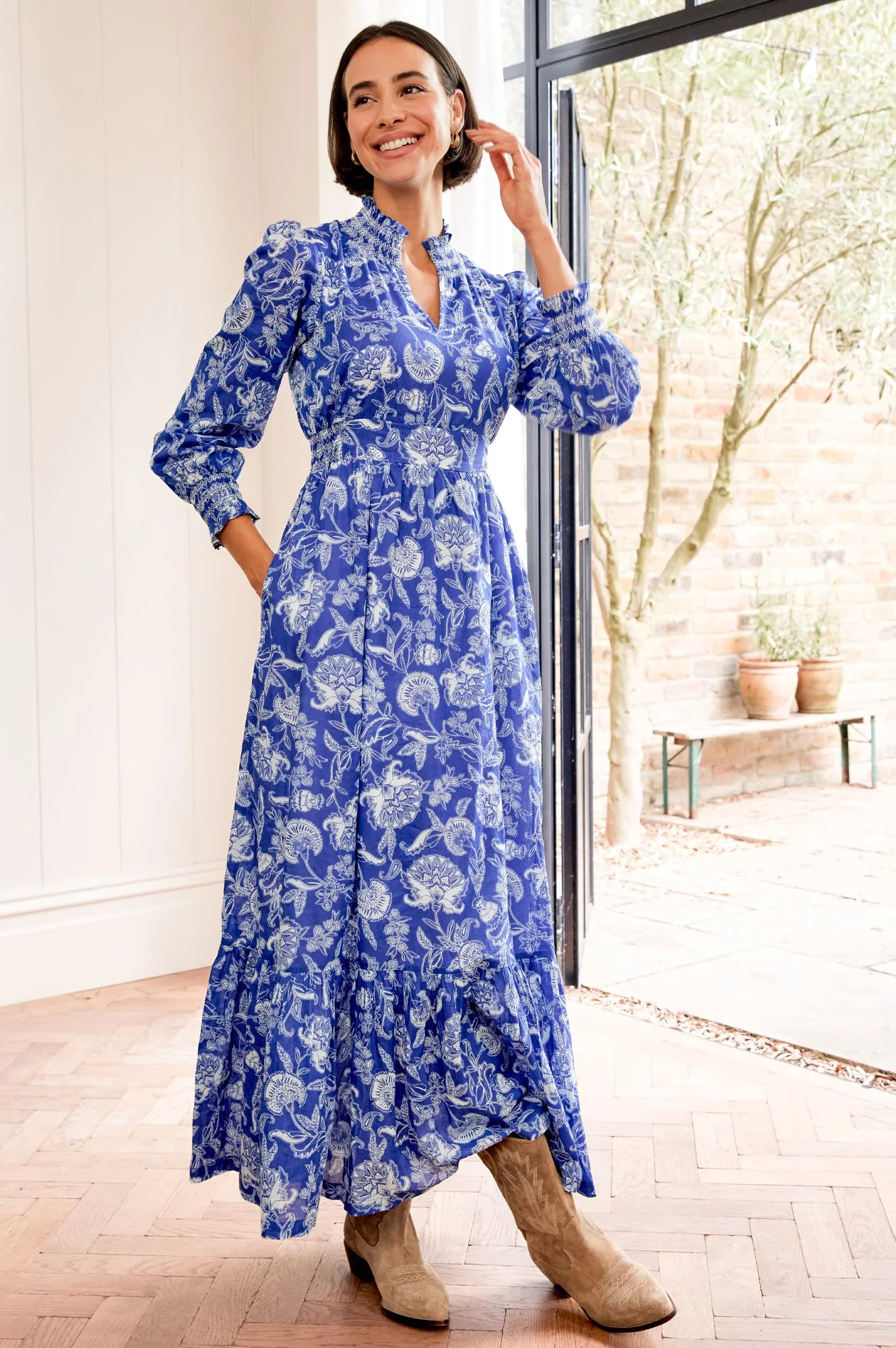 Emmeline Organic Cotton Maxi Dress | Camelia Cobalt/White Feminine flowing piece Steel Frame