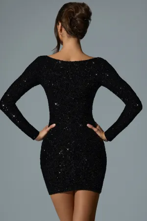 Embellished Sweetheart-Neck Mini Dress in Black Body Hug