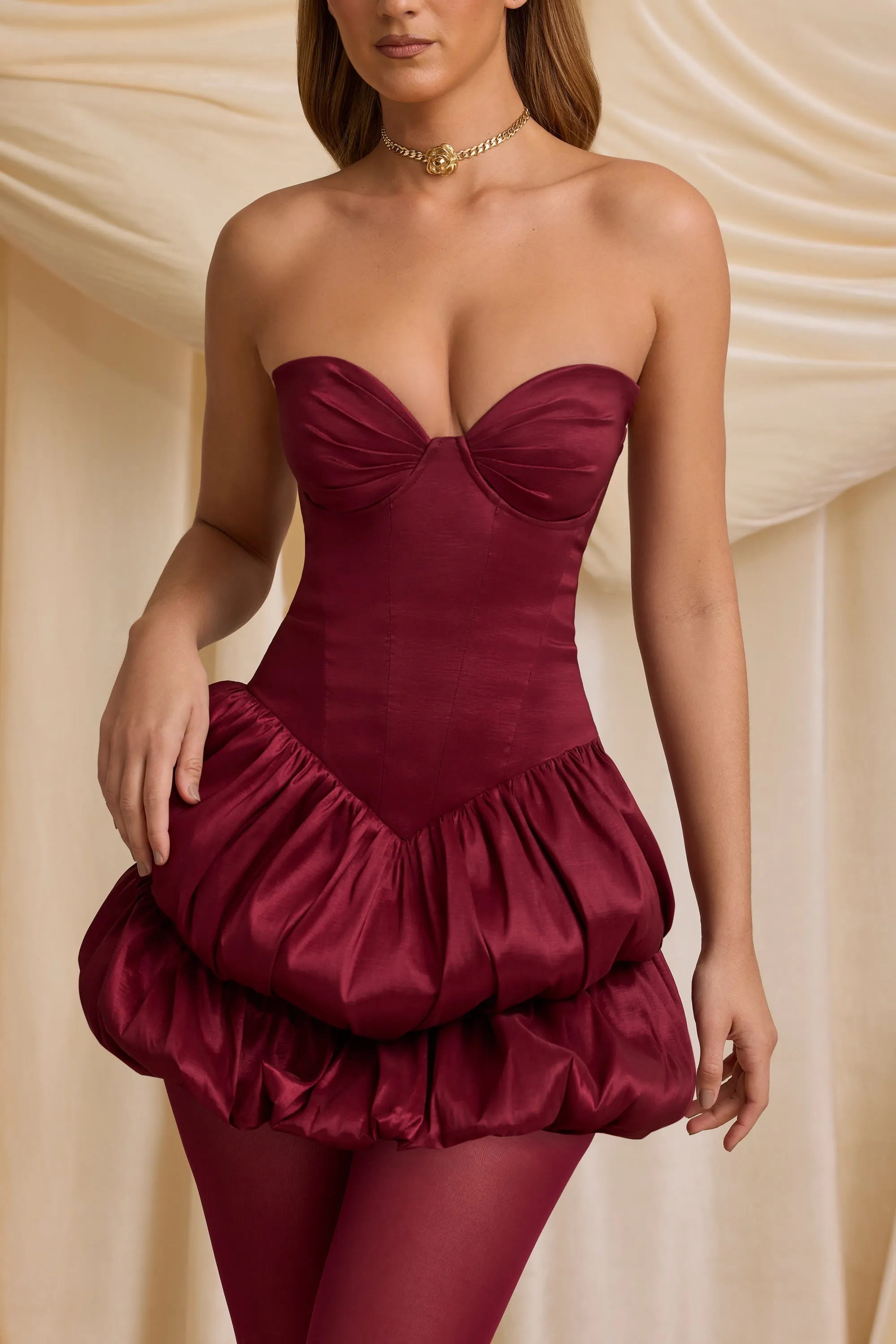 Layered Bubble Hem Corset Mini Dress in Wine Red Pop Rush