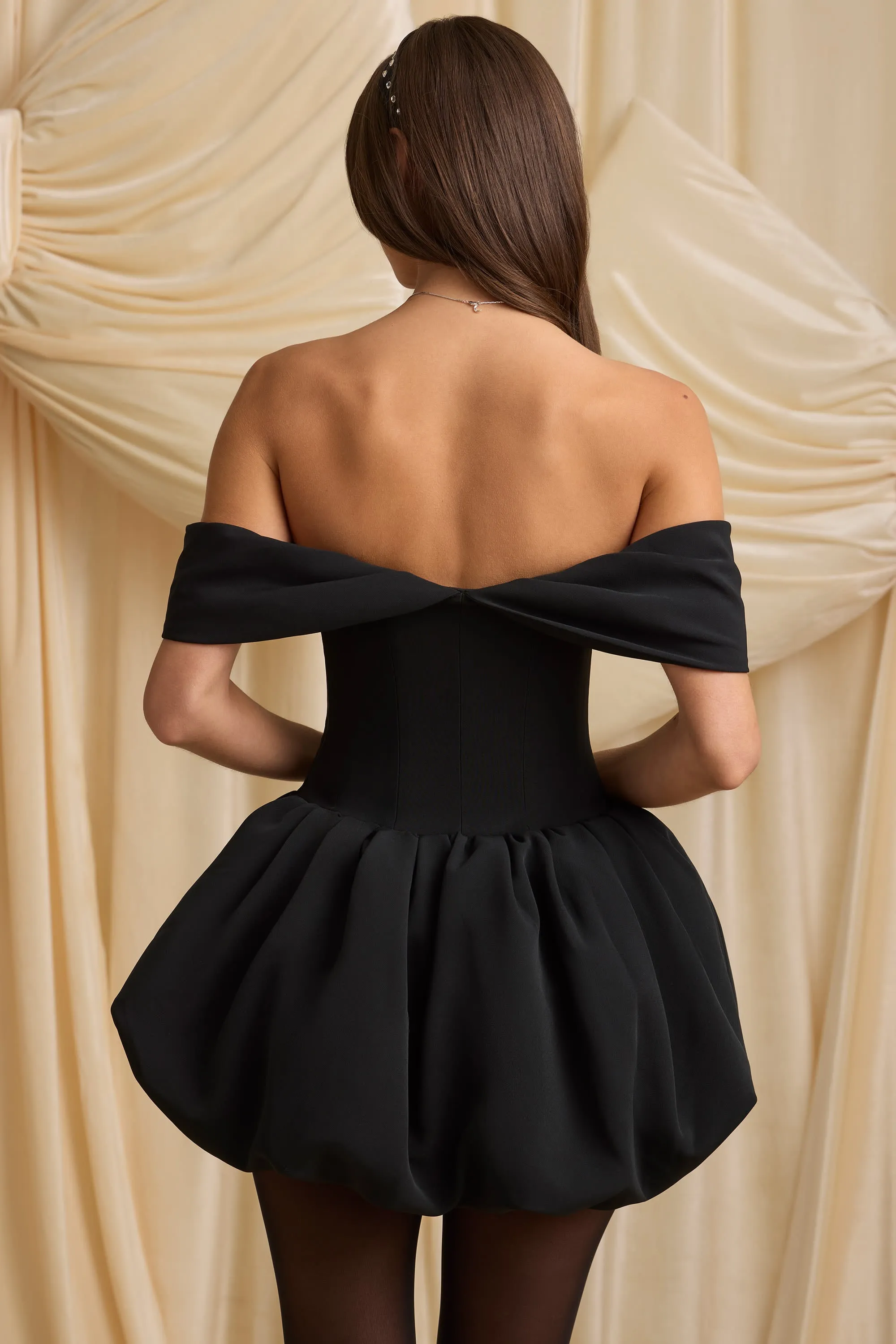 Elasticized Waistband Flirty Vibe Off-Shoulder Layered Bubble Hem Corset Mini Dress in Black