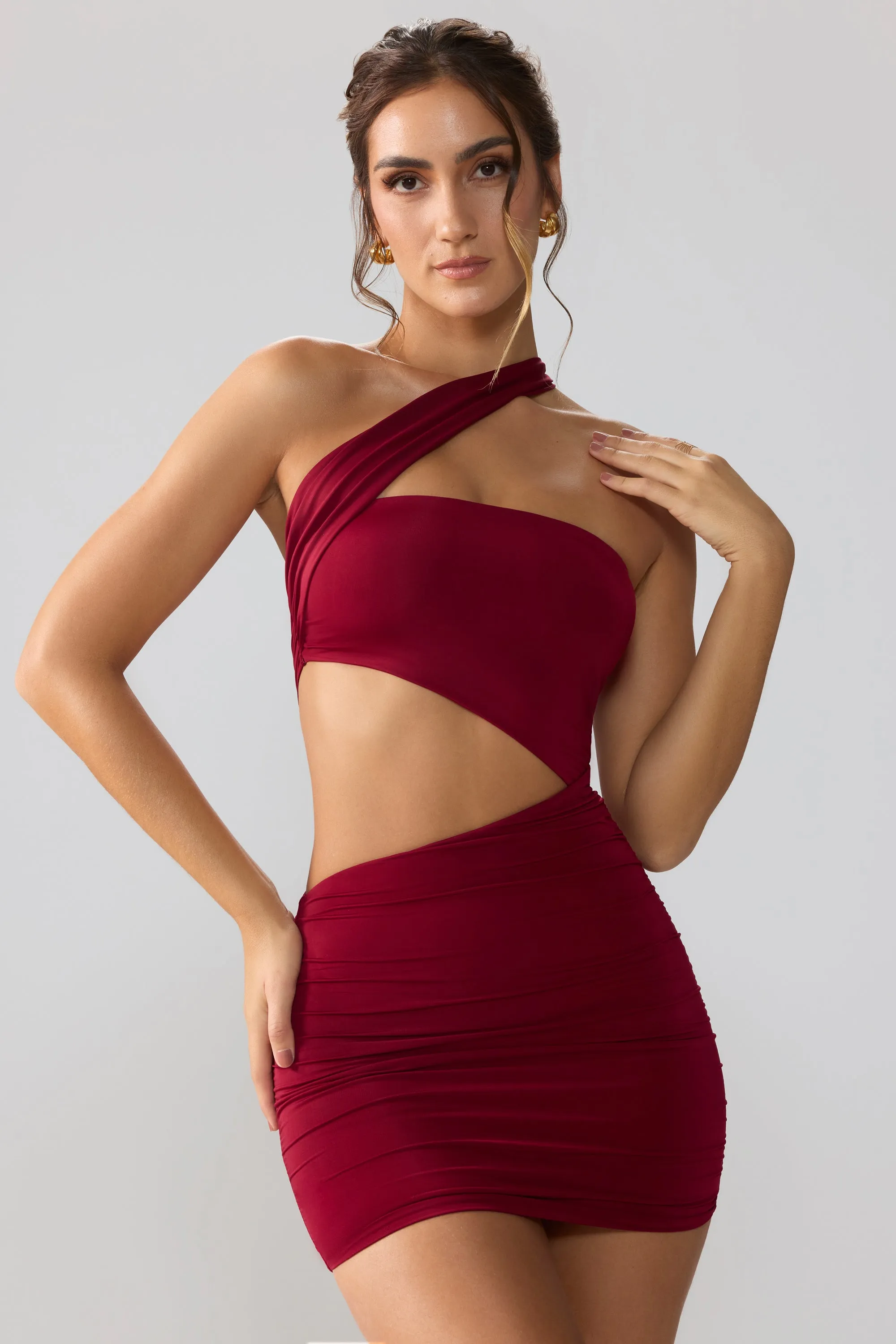 City Light Trendy Wearable Slinky Jersey Ruched Cut Out Mini Dress in Ruby