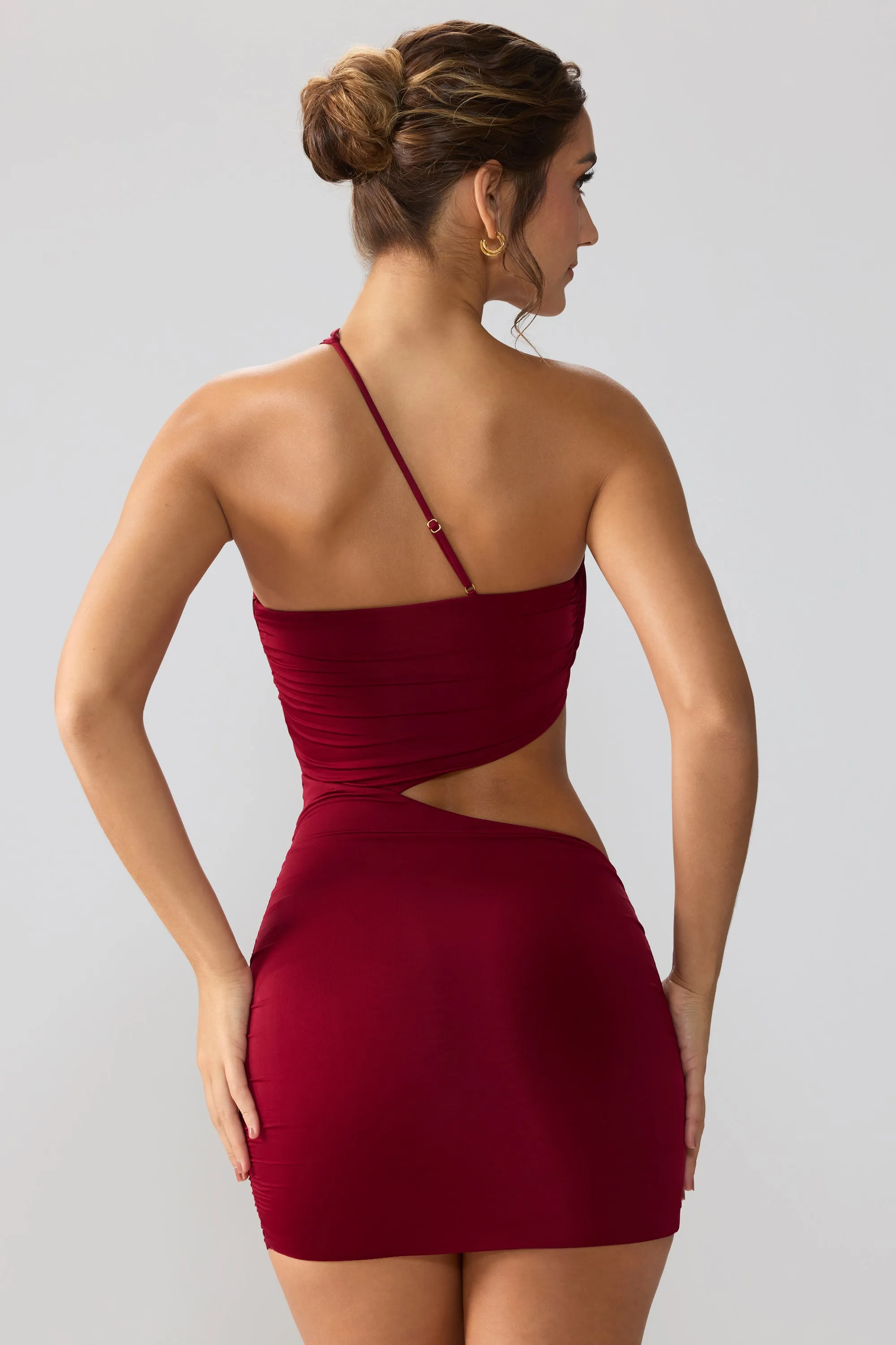 Slinky Jersey Ruched Cut Out Mini Dress in Ruby Diagonal Draping Effect Simple Vibe