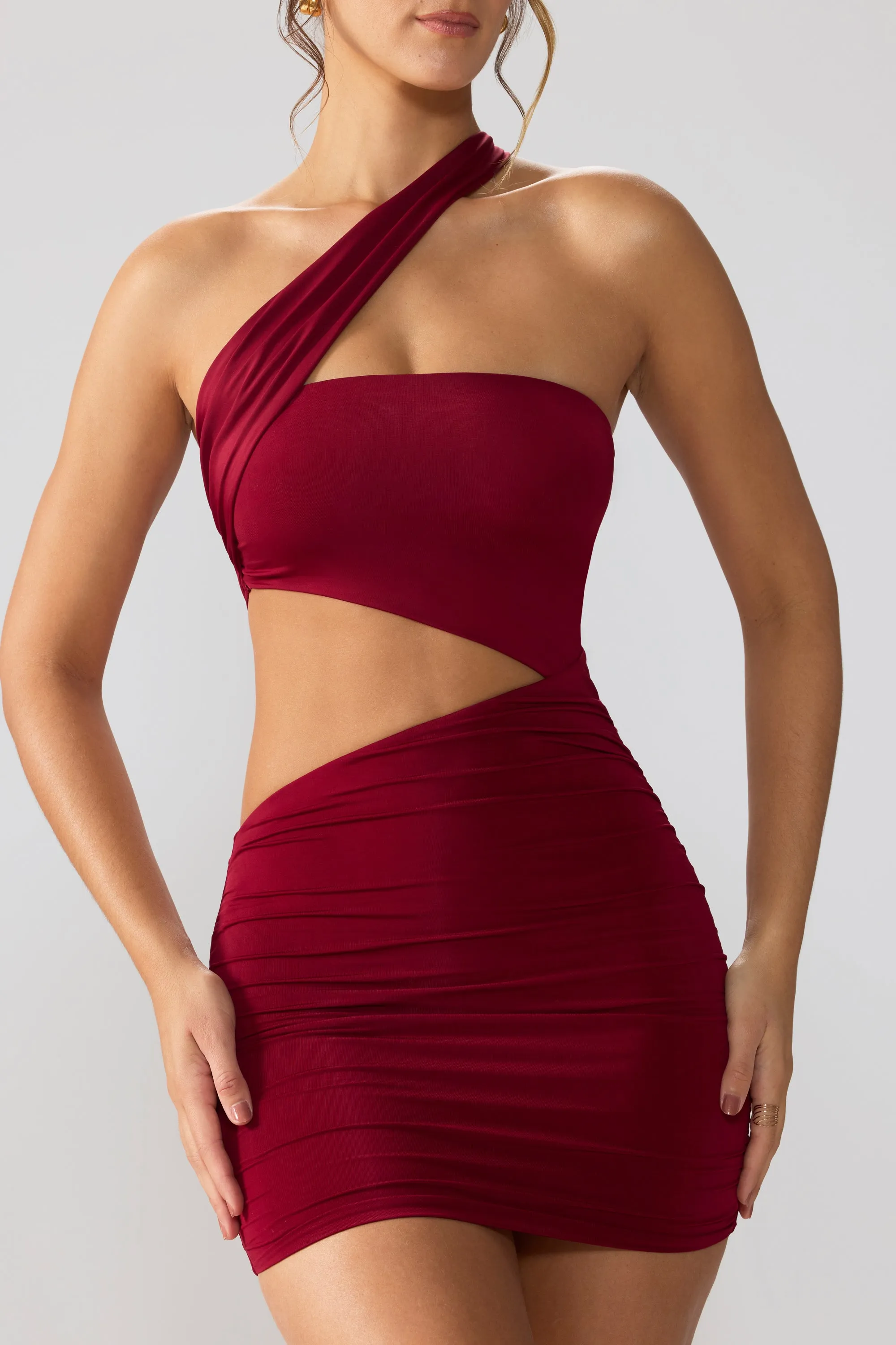 Slinky Jersey Ruched Cut Out Mini Dress in Ruby Hot Edge