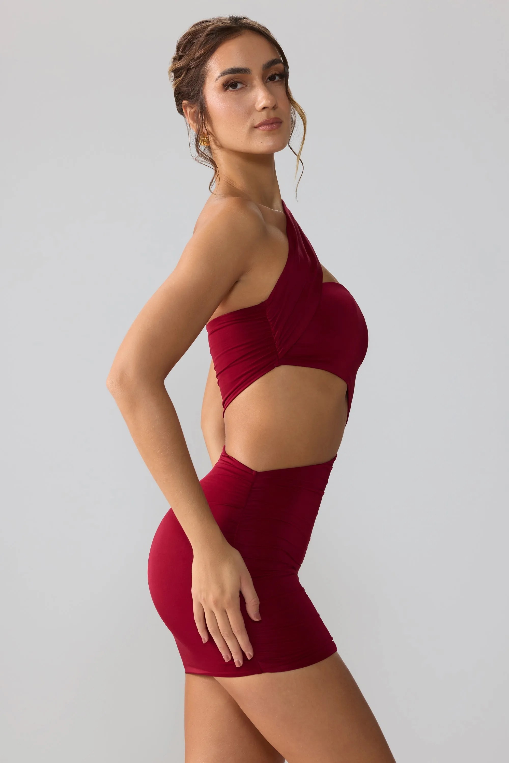 Classic outdoor mini Slinky Jersey Ruched Cut Out Mini Dress in Ruby