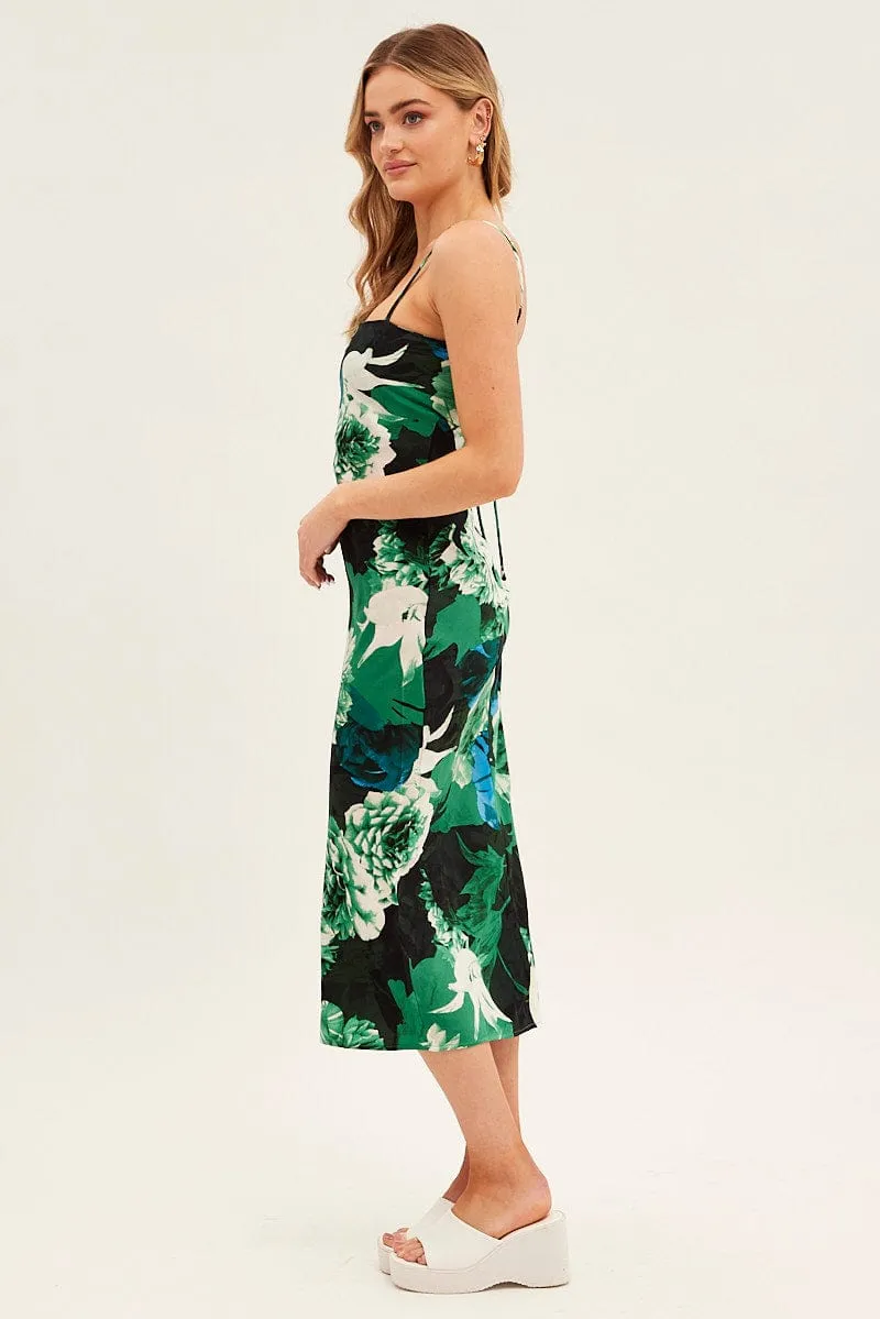 Street Minimal Green Floral Slip Dress Midi Strappy Back Floral Satin