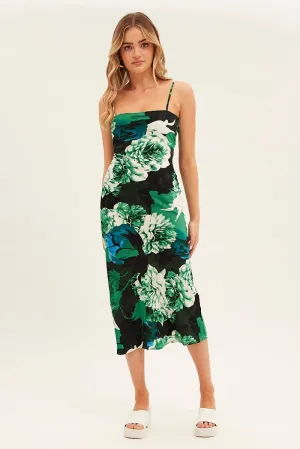 Green Floral Slip Dress Midi Strappy Back Floral Satin Versatile Design