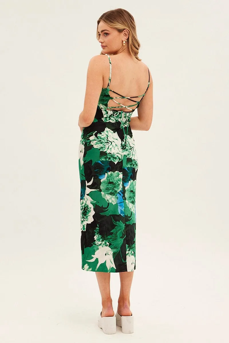 Green Floral Slip Dress Midi Strappy Back Floral Satin Moon Beam Pasture View