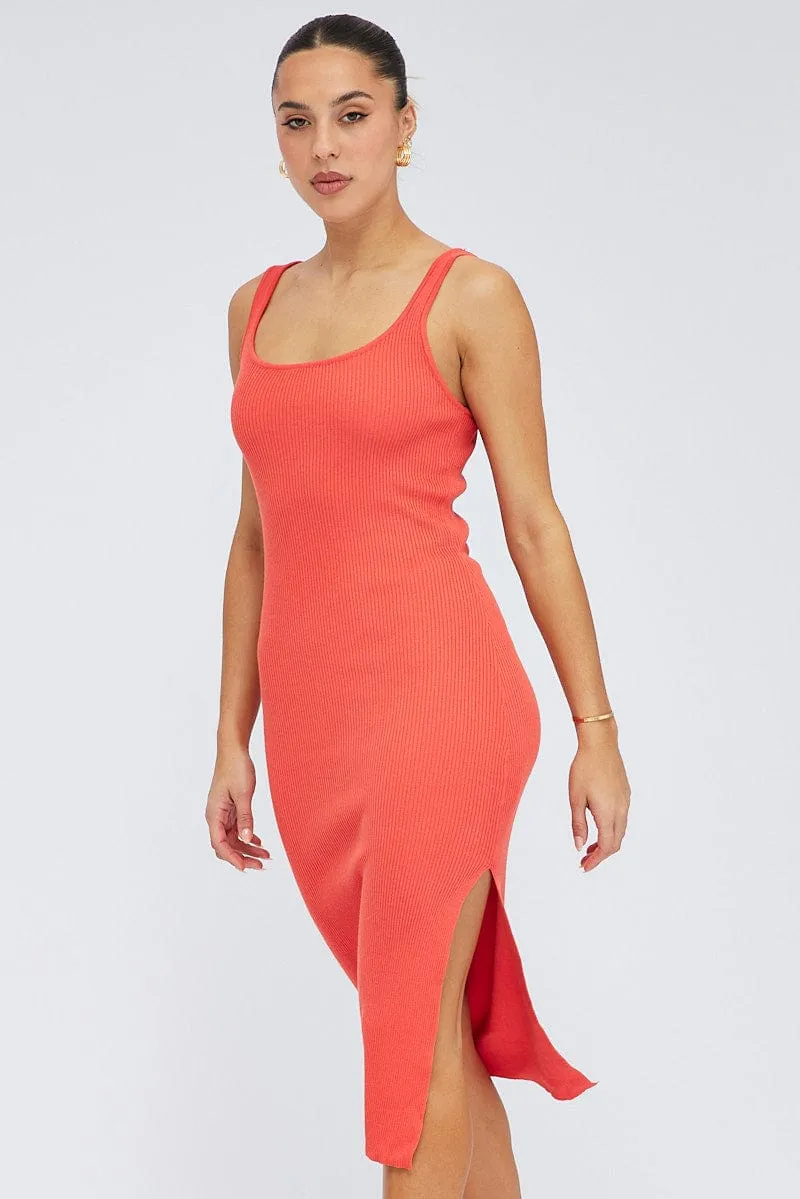 Orange Midi Dress Bodycon Round Neck Ribbed Knit Classic outdoor midi