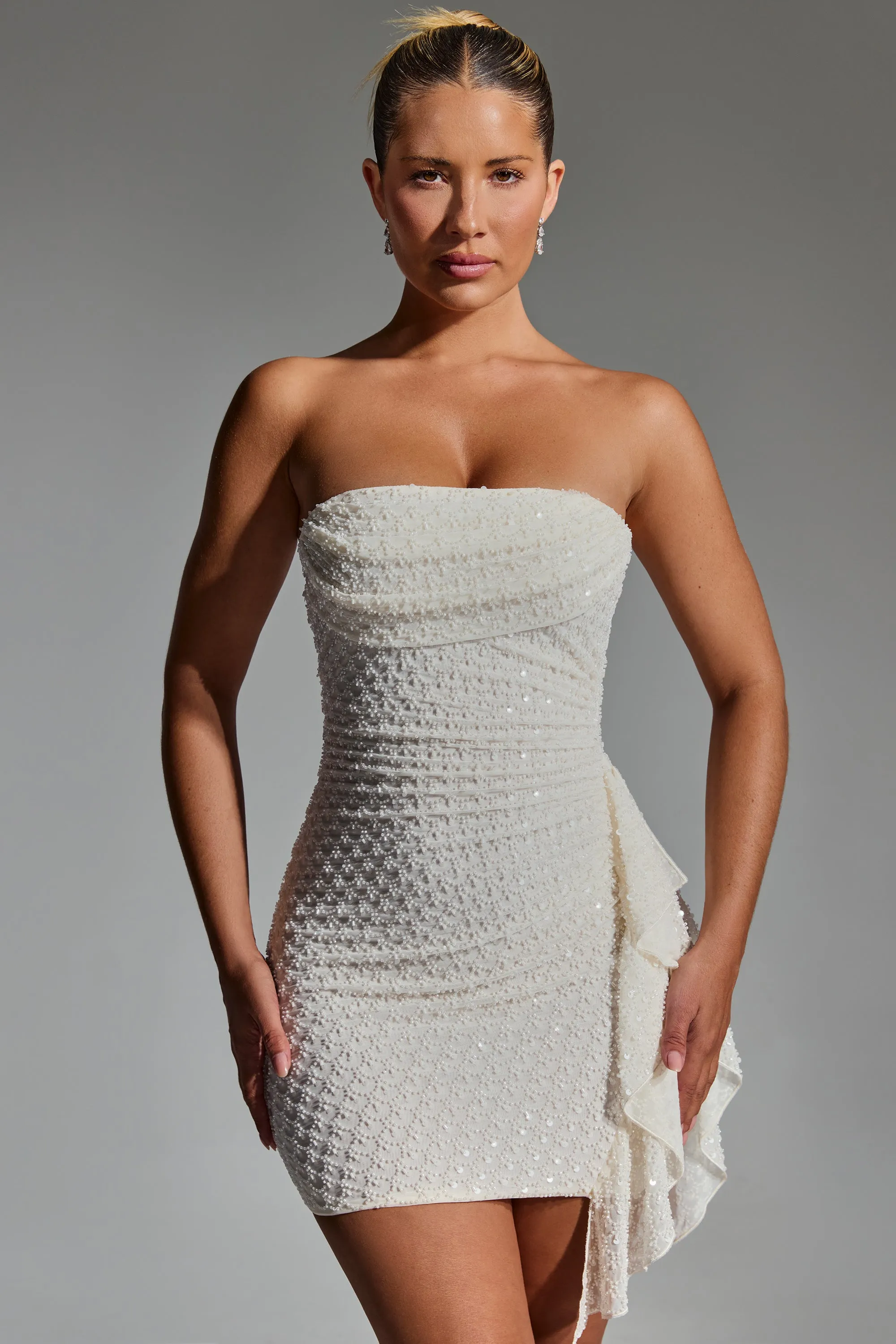 Embellished Ruffled Cowl-Neck Bandeau Mini Dress in White Seamless construction Shine Hot