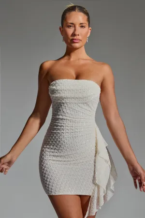 Soft touch finish Adjustable Waistband Embellished Ruffled Cowl-Neck Bandeau Mini Dress in White