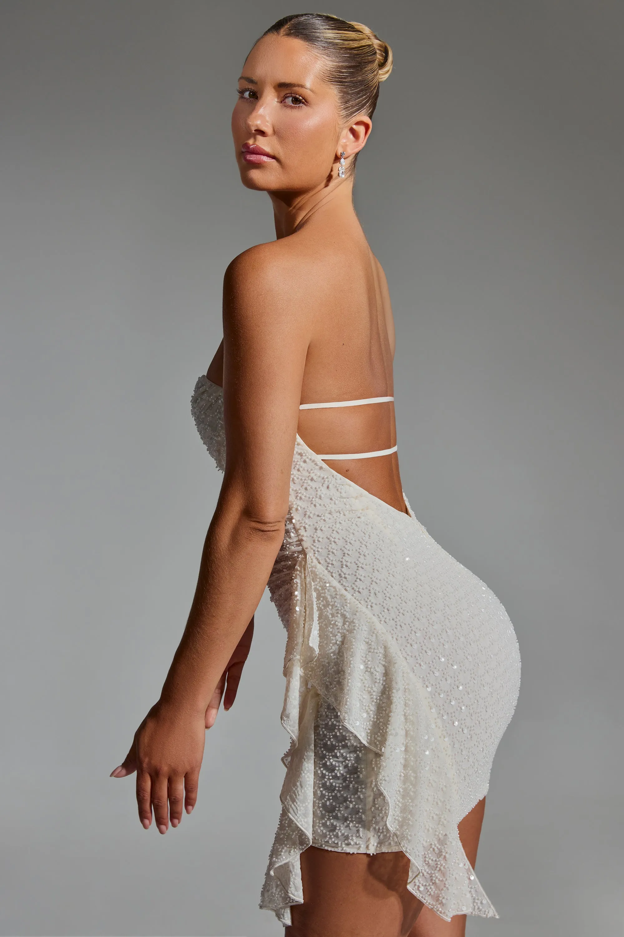 Flash Vibe Feminine mini-length gown Embellished Ruffled Cowl-Neck Bandeau Mini Dress in White