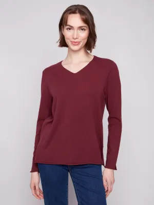 Layered Knit Style Basic V-Neck Sweater - Cabernet