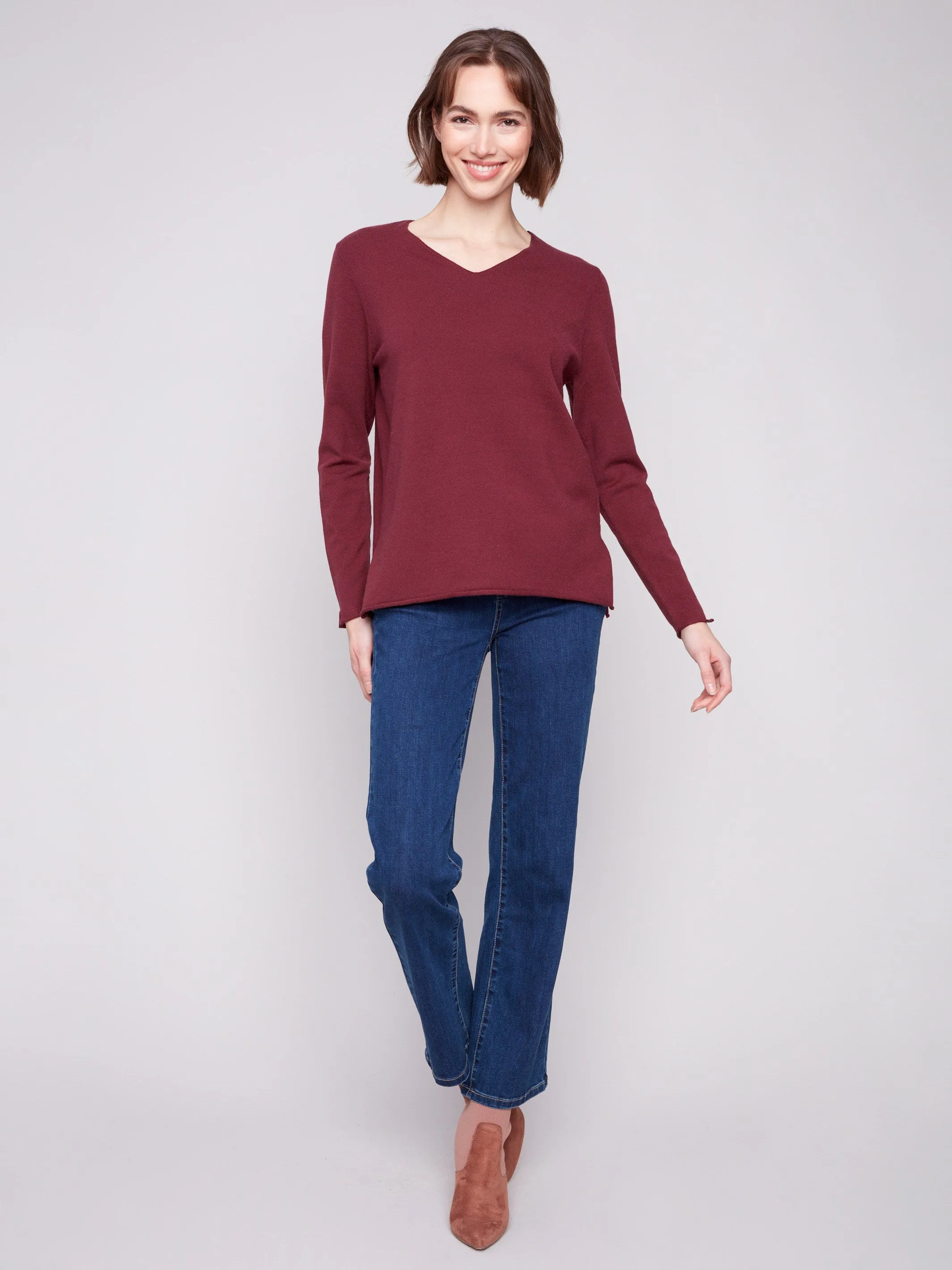 Basic V-Neck Sweater - Cabernet Cozy Wardrobe Soft Warmth
