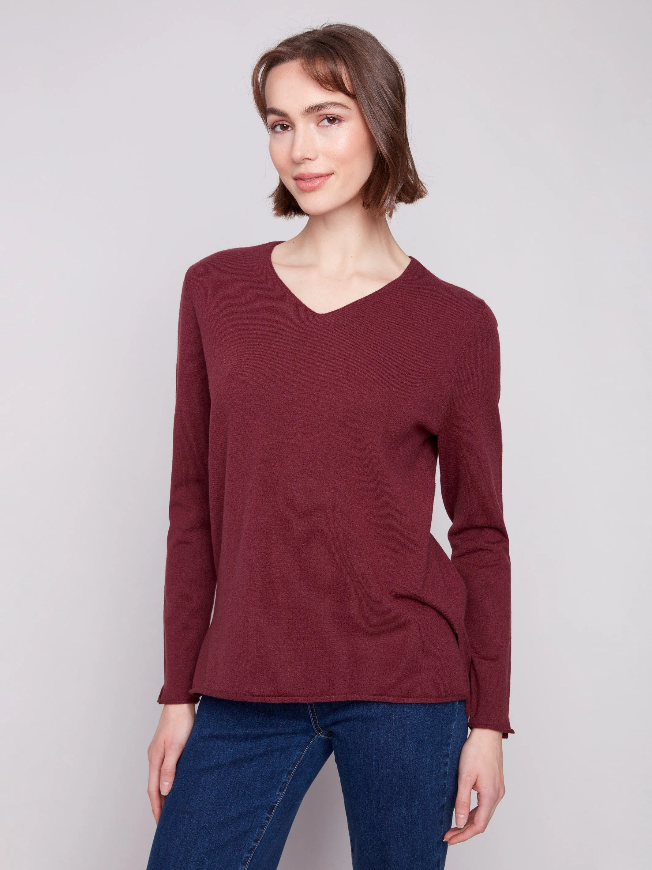 Casual Wear Layered Style Wear Basic V-Neck Sweater - Cabernet