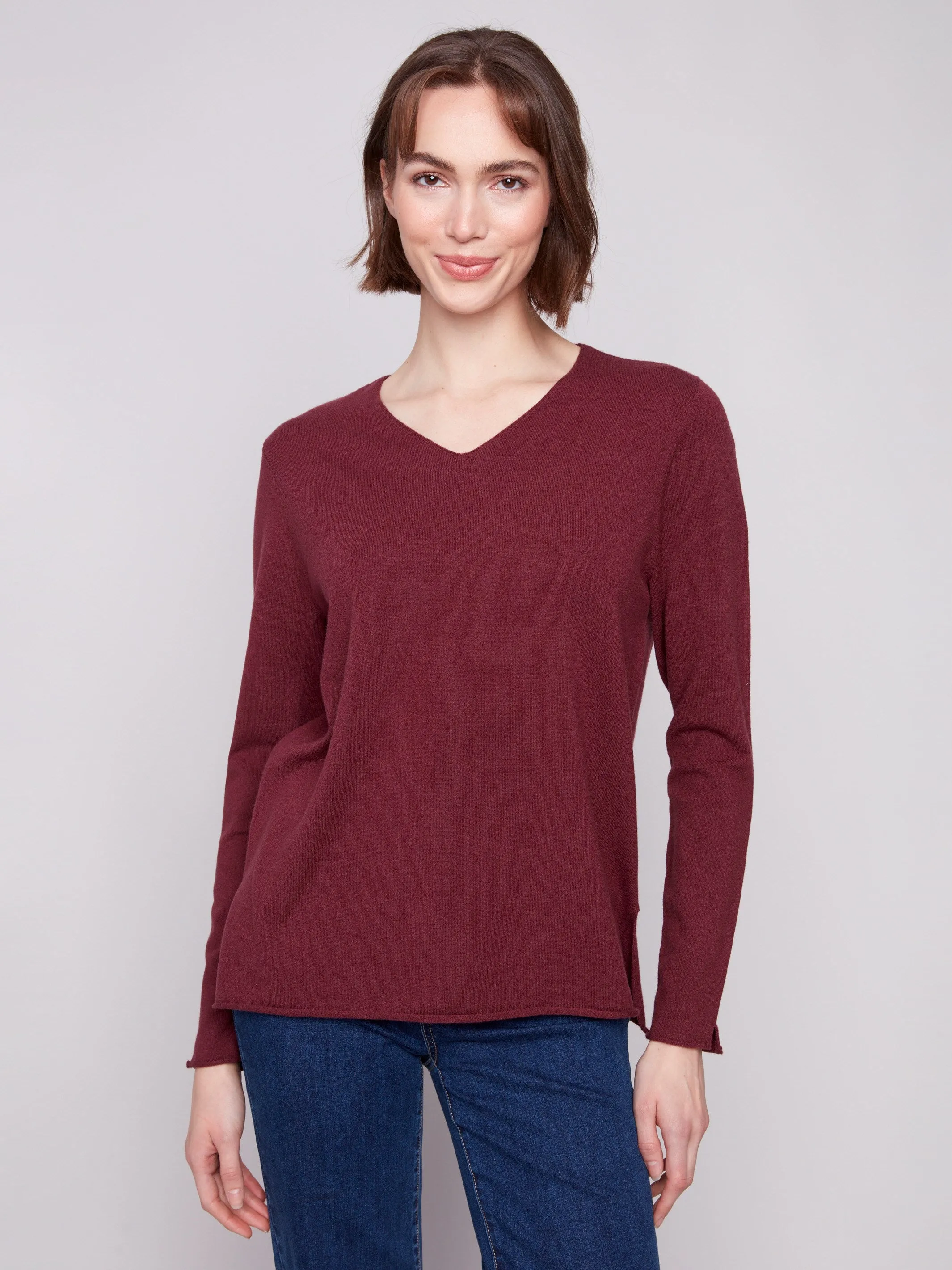 Layered Knit Style Basic V-Neck Sweater - Cabernet