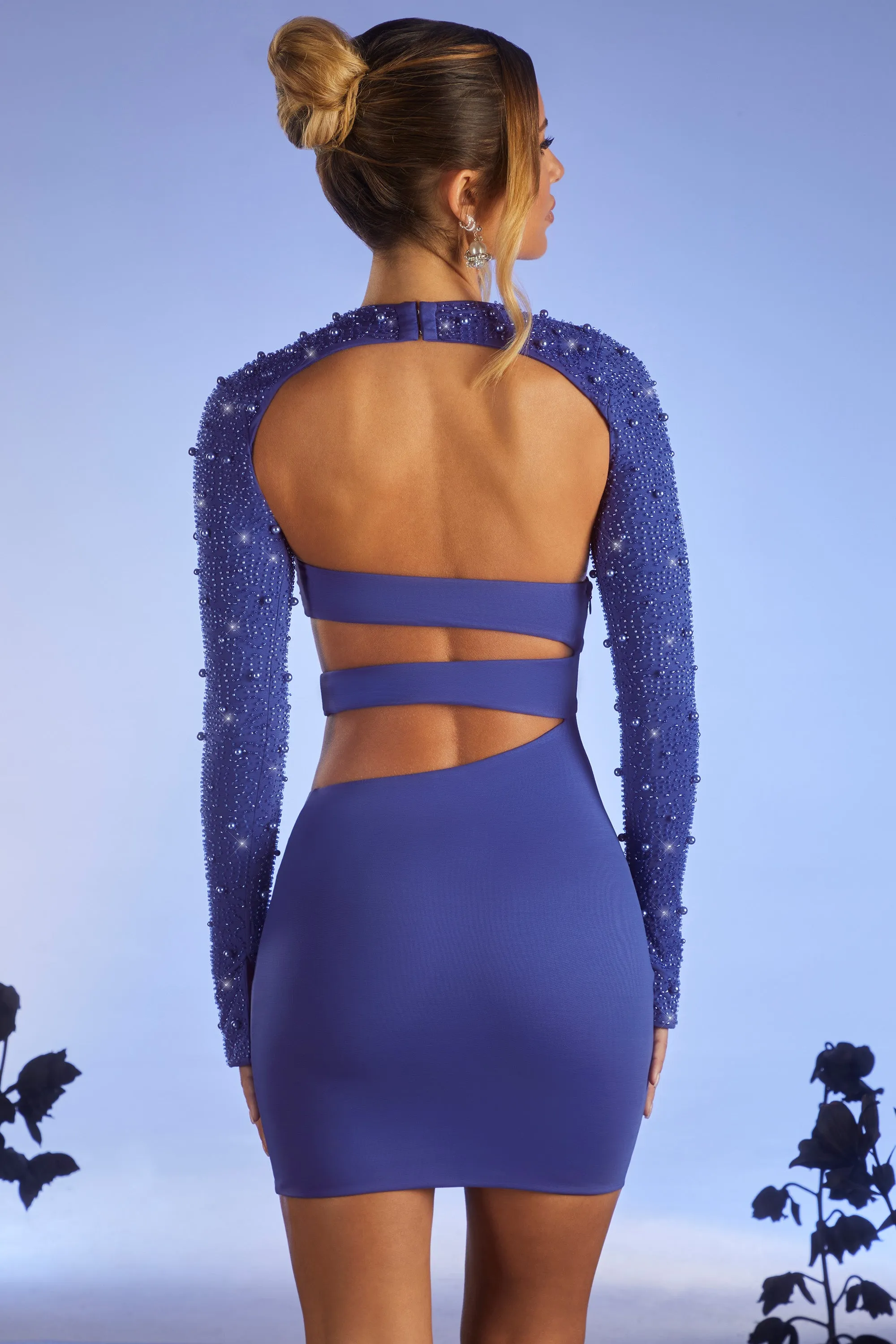 Night Edge Embellished Long Sleeve Cut Out Mini Dress in Dark Blue