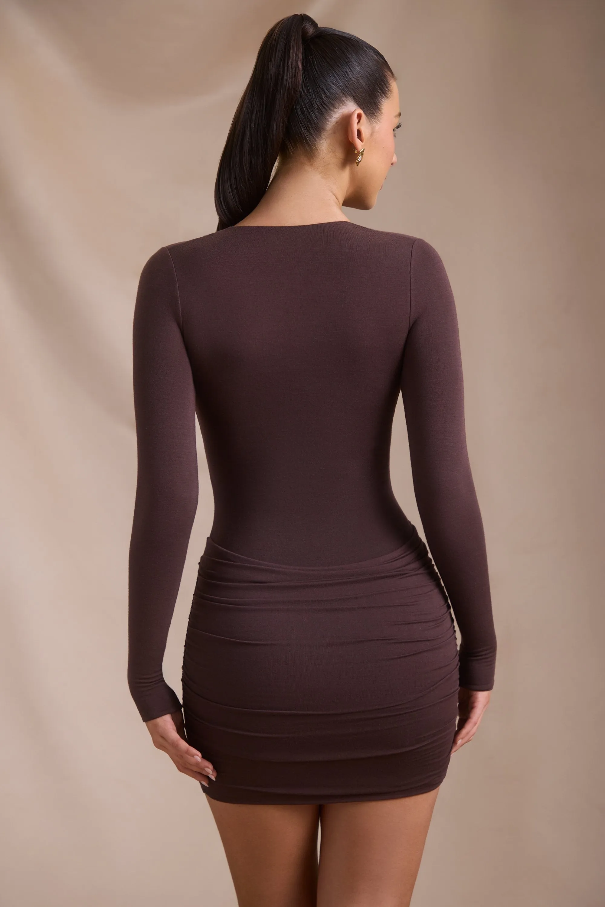 Layered silhouette Overlapping Panel Design Modal-Cashmere Blend Draped Long-Sleeve Mini Dress in Espresso