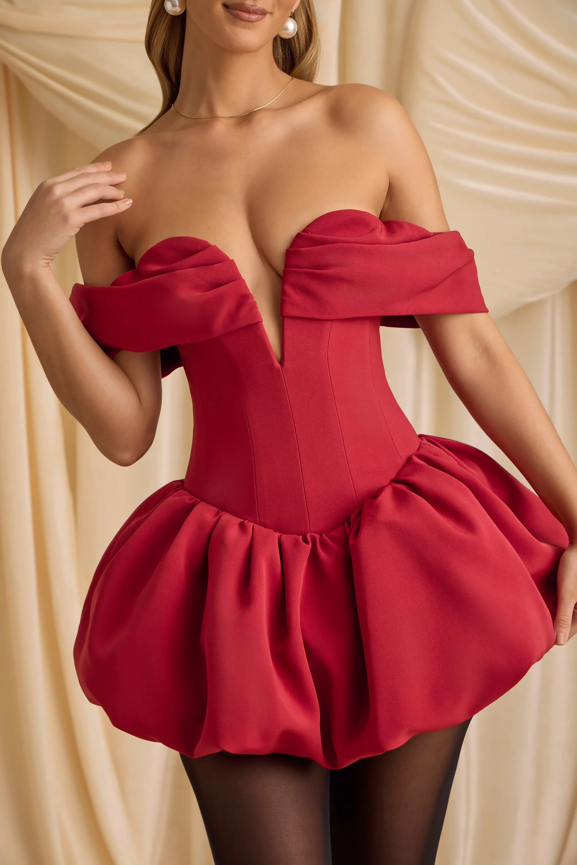 Floral Vibe Dress for casual outings Off-Shoulder Layered Bubble Hem Corset Mini Dress in True Red