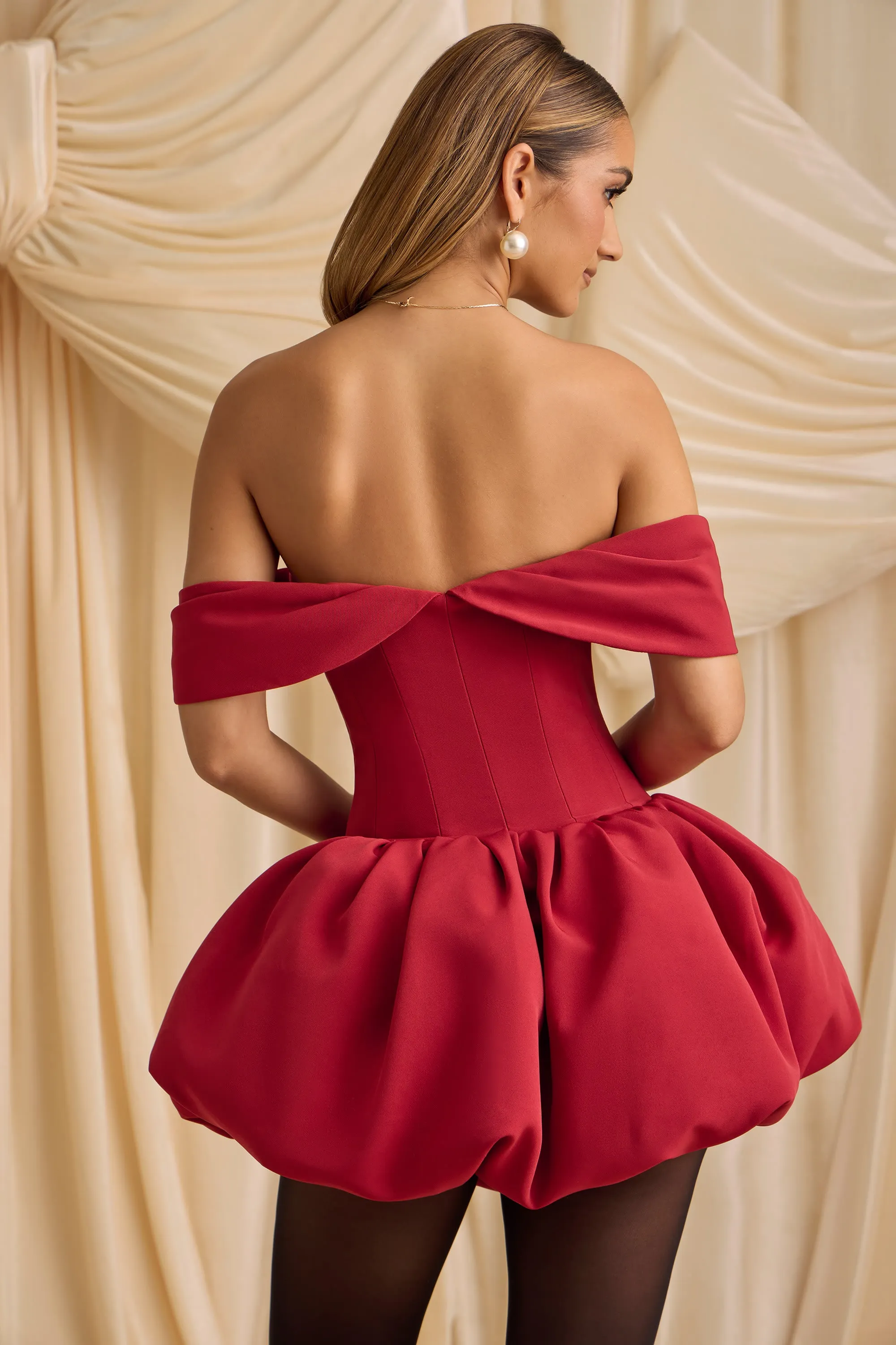 Off-Shoulder Layered Bubble Hem Corset Mini Dress in True Red Full Circle Skirt Pattern Floral Look
