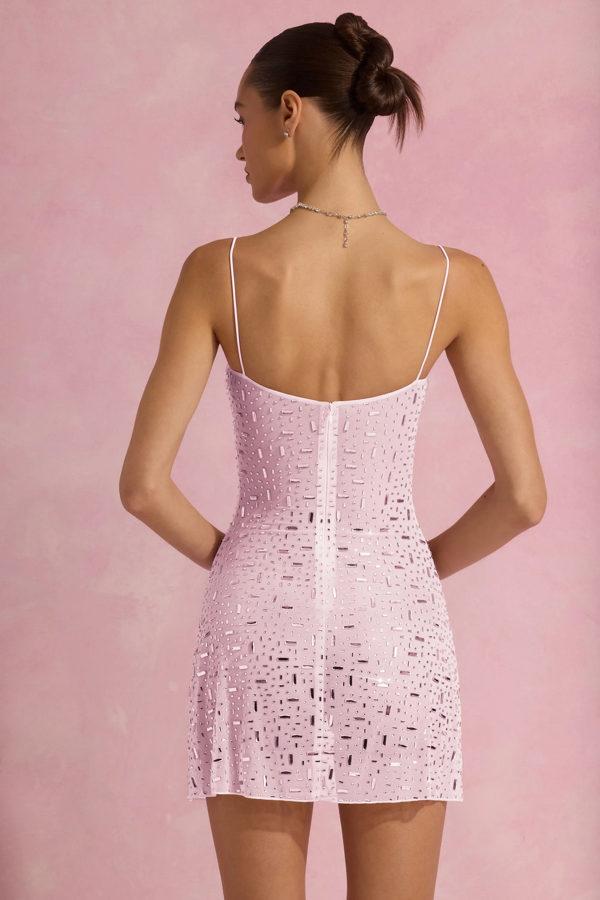 Sheer Embellished Square-Neck Mini Dress in Pink Odor Resistant