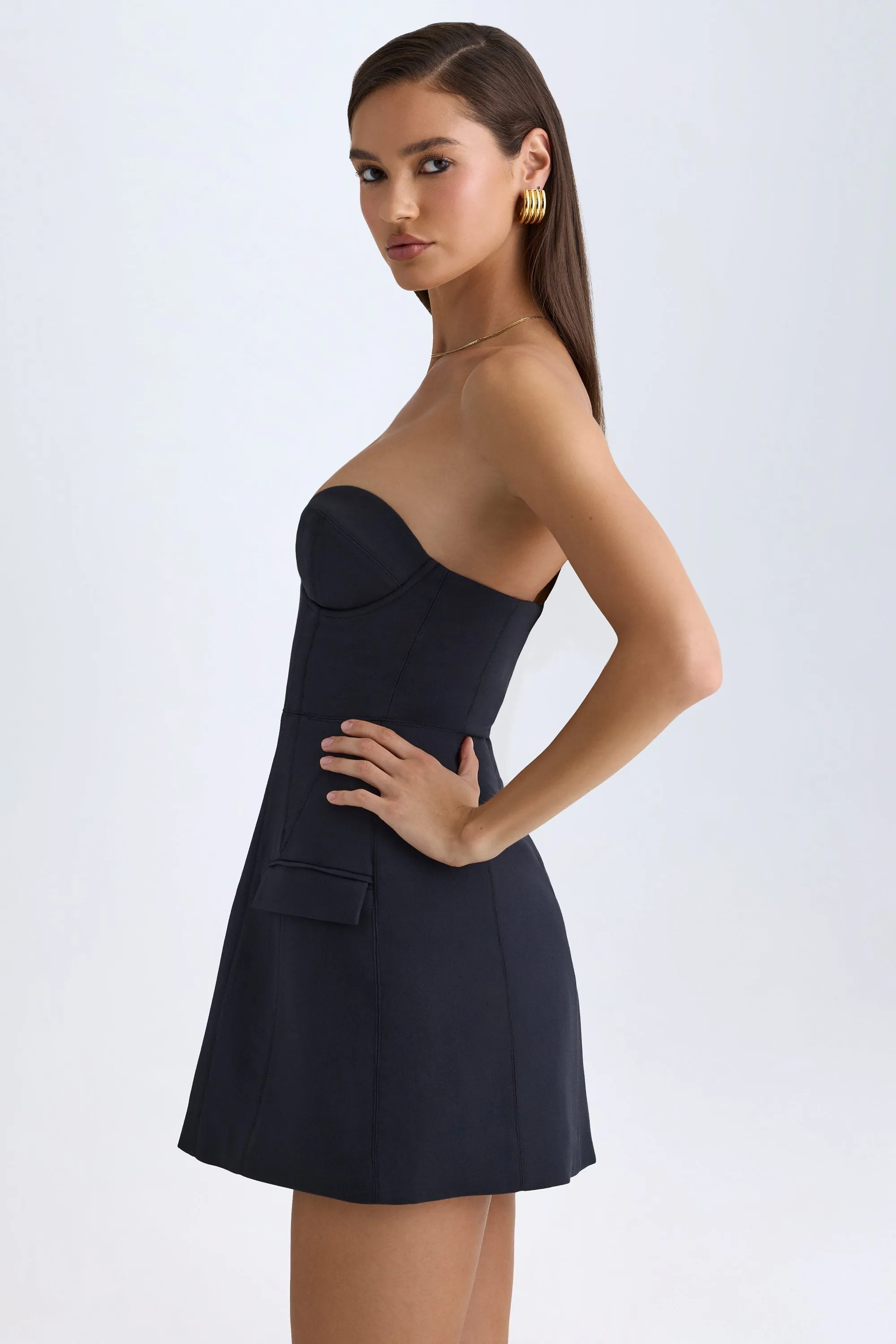 Strapless Structured Tulip Mini Dress in Black Street Glam Effortless Style
