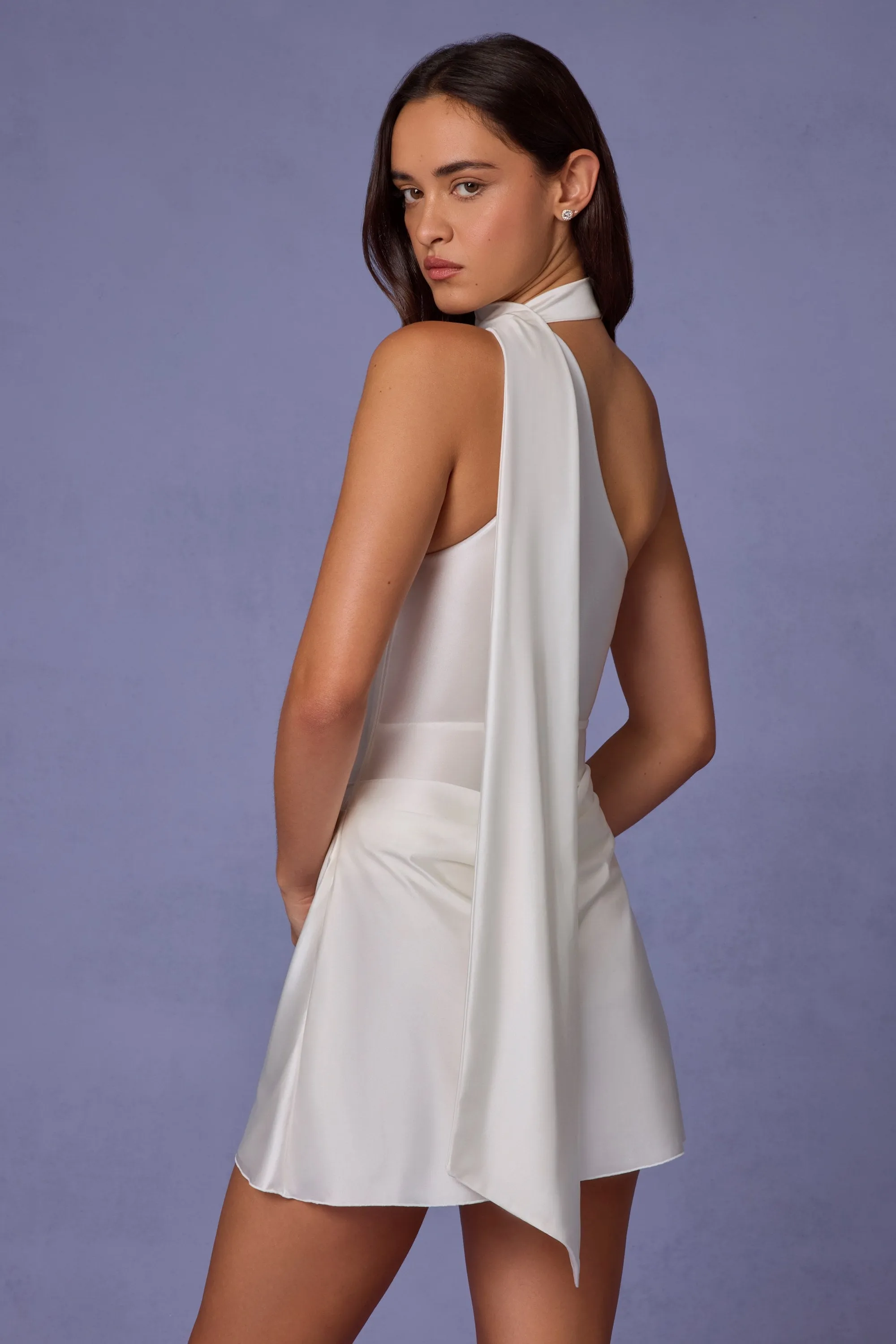 Asymmetric Scarf-Detail Mini Dress in White Chic Appeal