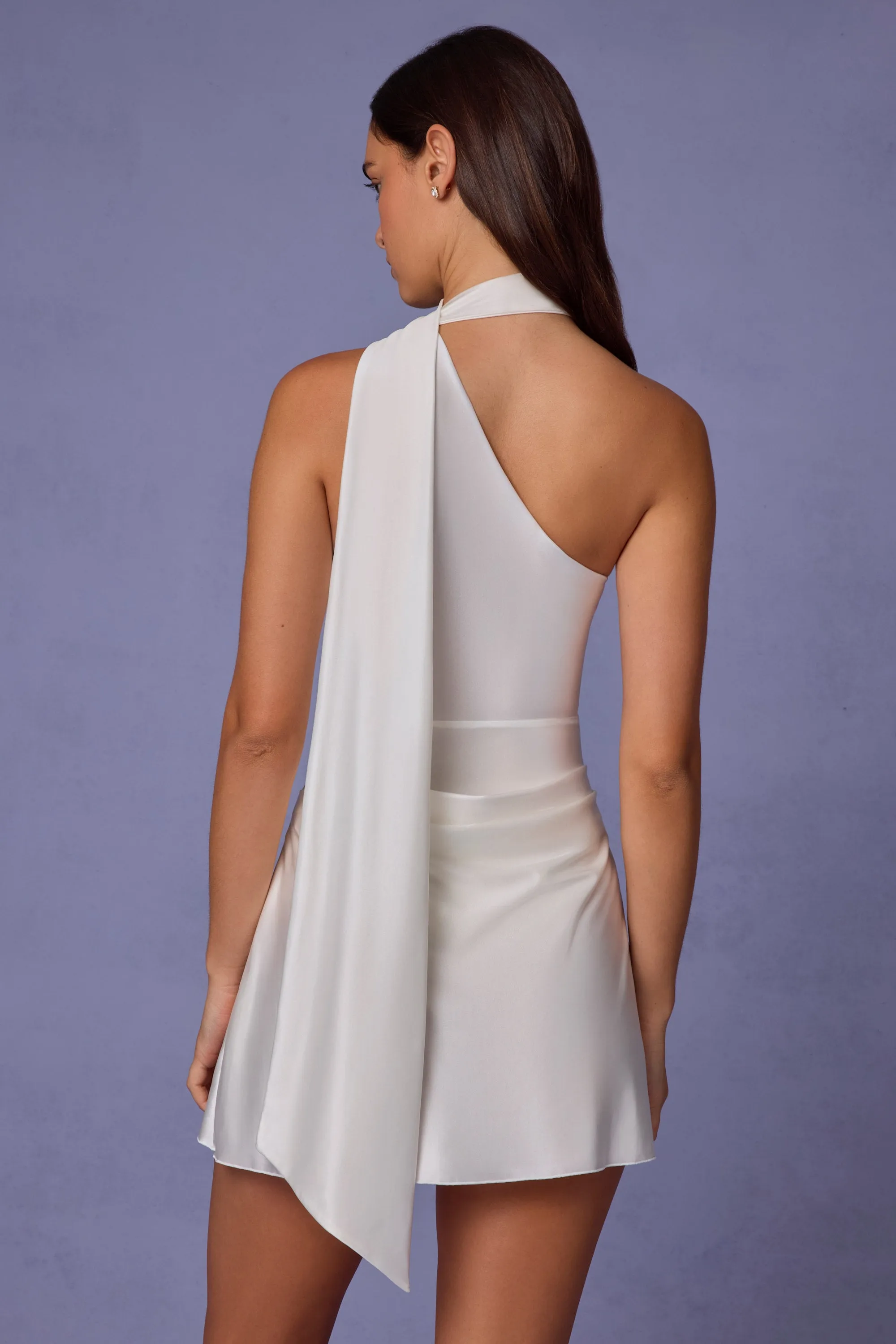 Beat Warm Fresh Twist Asymmetric Scarf-Detail Mini Dress in White