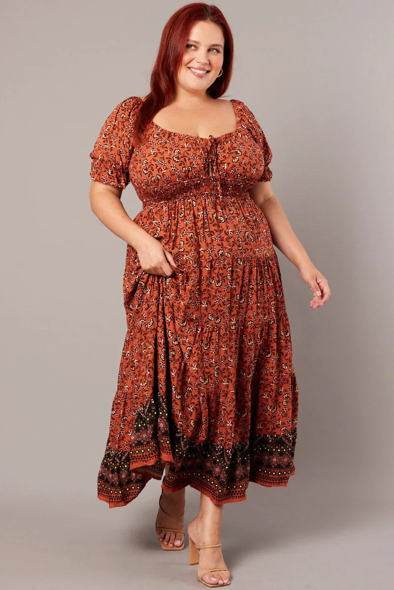 Brown Boho Maxi Dress Short Sleeve Cut Out Tiered Rain Safe Platinum Shine