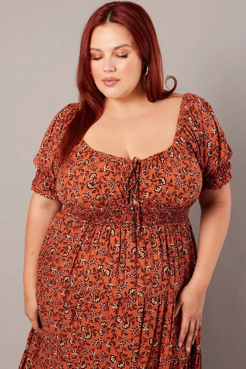 The soft fabric of this dress ensures all-day comfort without compromising on style Brown Boho Maxi Dress Short Sleeve Cut Out Tiered