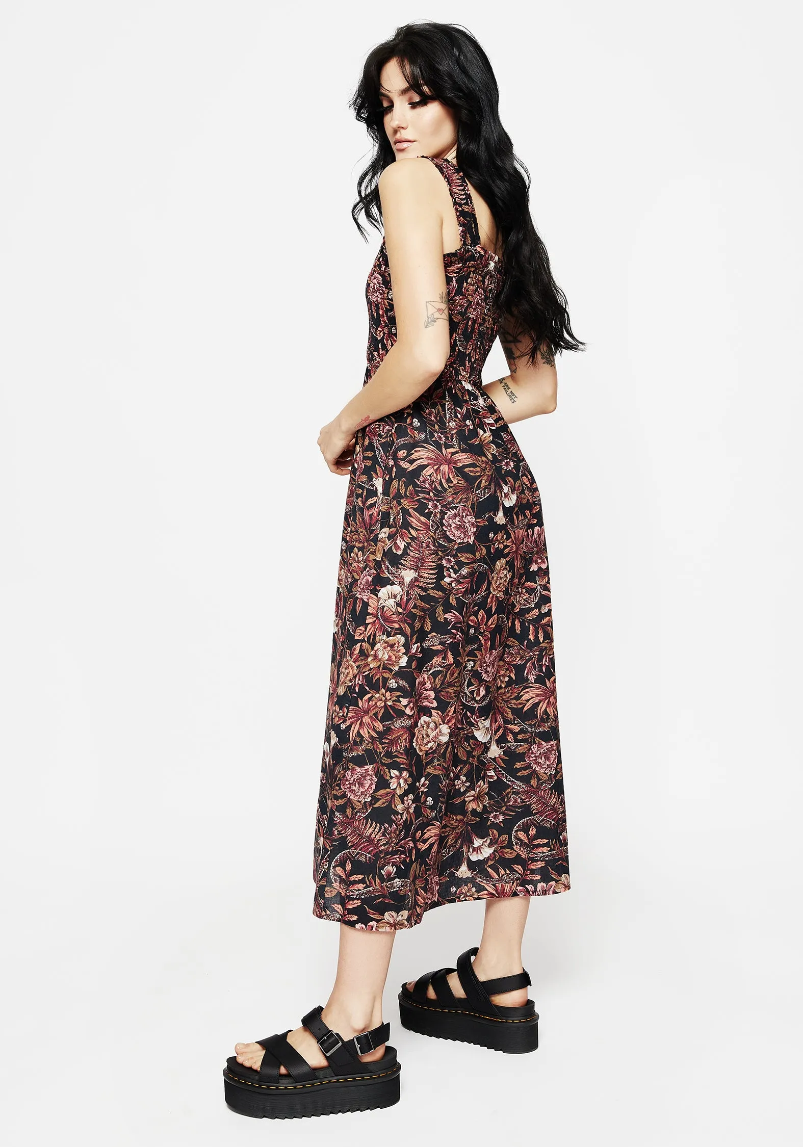Bashe Cotton Floral Snake Print Midaxi Dress Fringe Glow