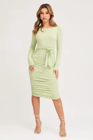 Bamboo Path Green Bodycon Dress Long Sleeve Midi Ruched
