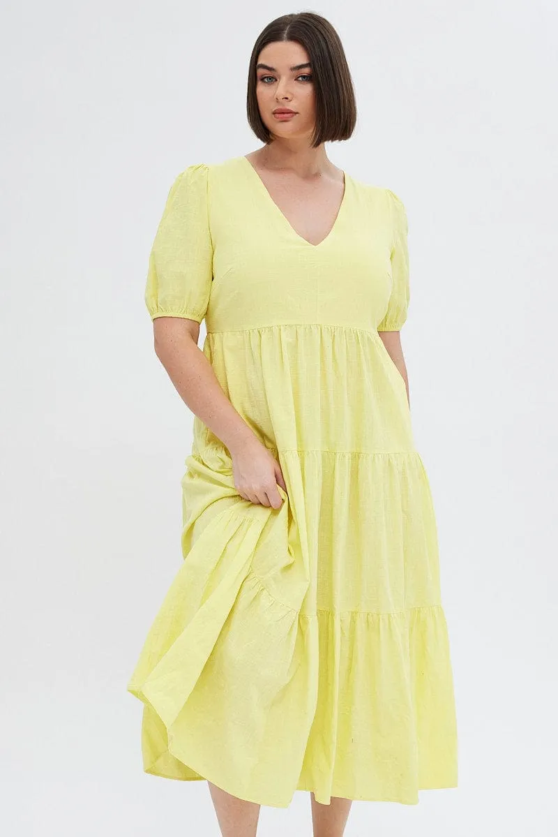 Dinner Date Warm Air Yellow Maxi Dress Tiered Puff Sleeve V-neck