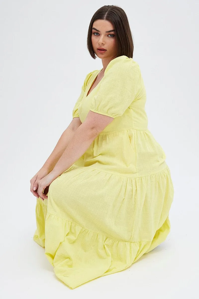 Magic Hour Yellow Maxi Dress Tiered Puff Sleeve V-neck