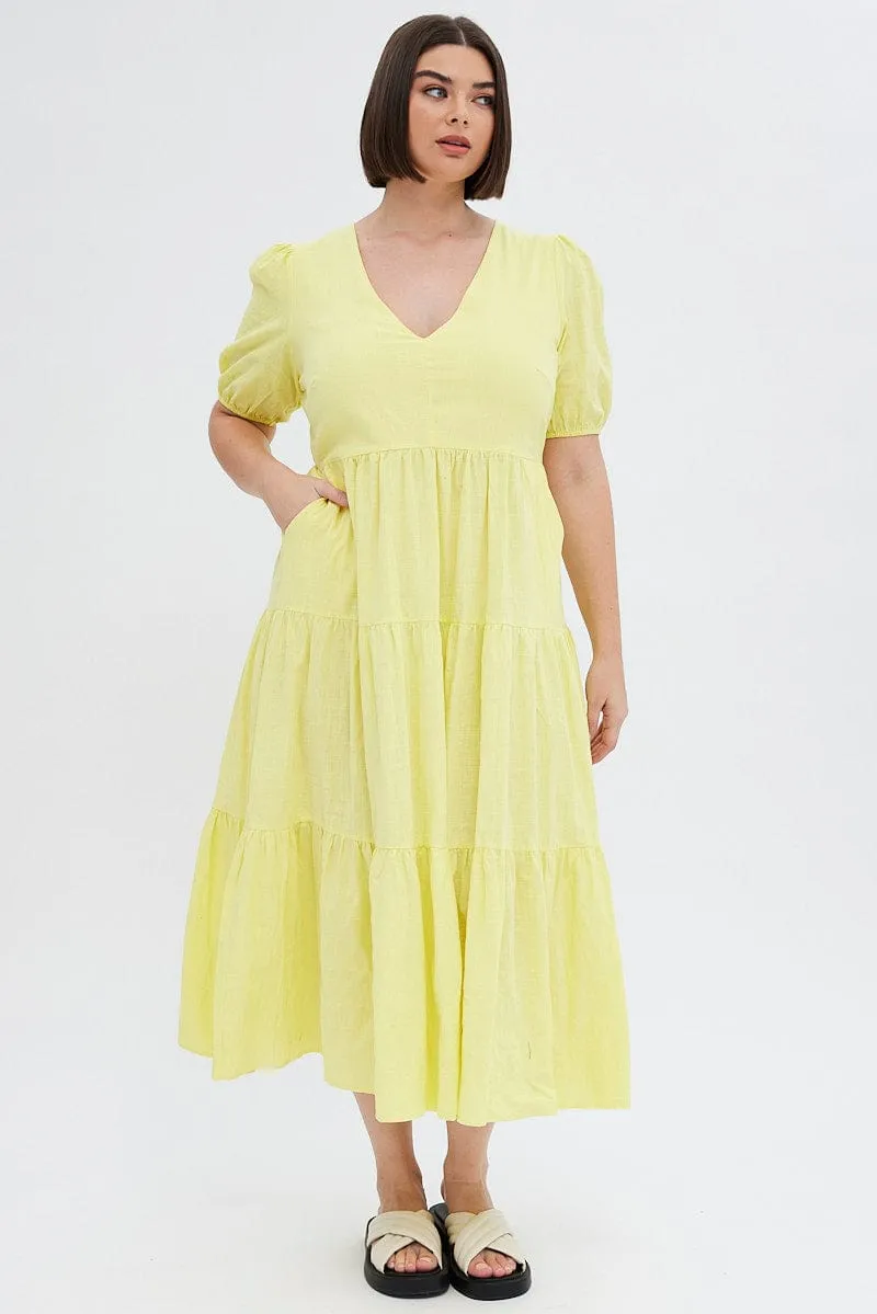 Island Edge Yellow Maxi Dress Tiered Puff Sleeve V-neck
