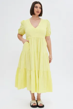 Island Edge Yellow Maxi Dress Tiered Puff Sleeve V-neck