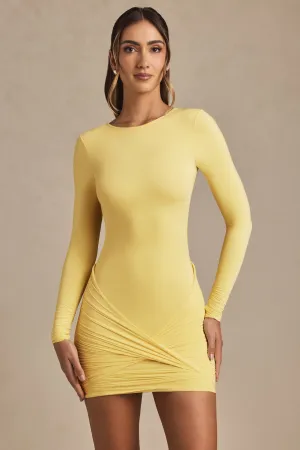 Bold Look Edge Hot Twist-Front Ruched Backless Mini Dress in Pastel Yellow