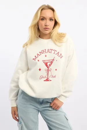 White Graphic Sweater Long Sleeve Cold Weather Wear