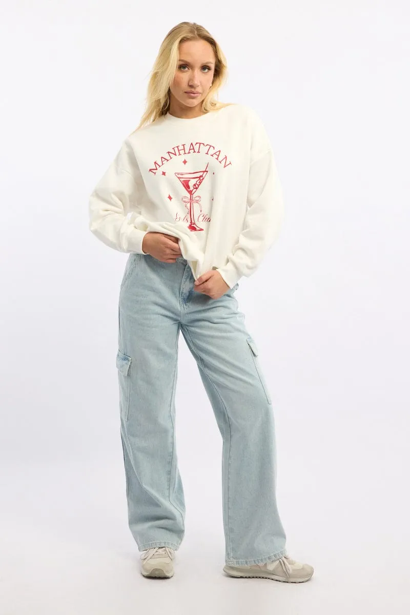 All Season Wear White Graphic Sweater Long Sleeve