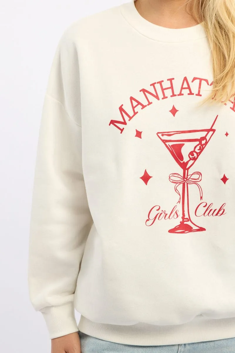 Cozy Basics Daily Sporty White Graphic Sweater Long Sleeve