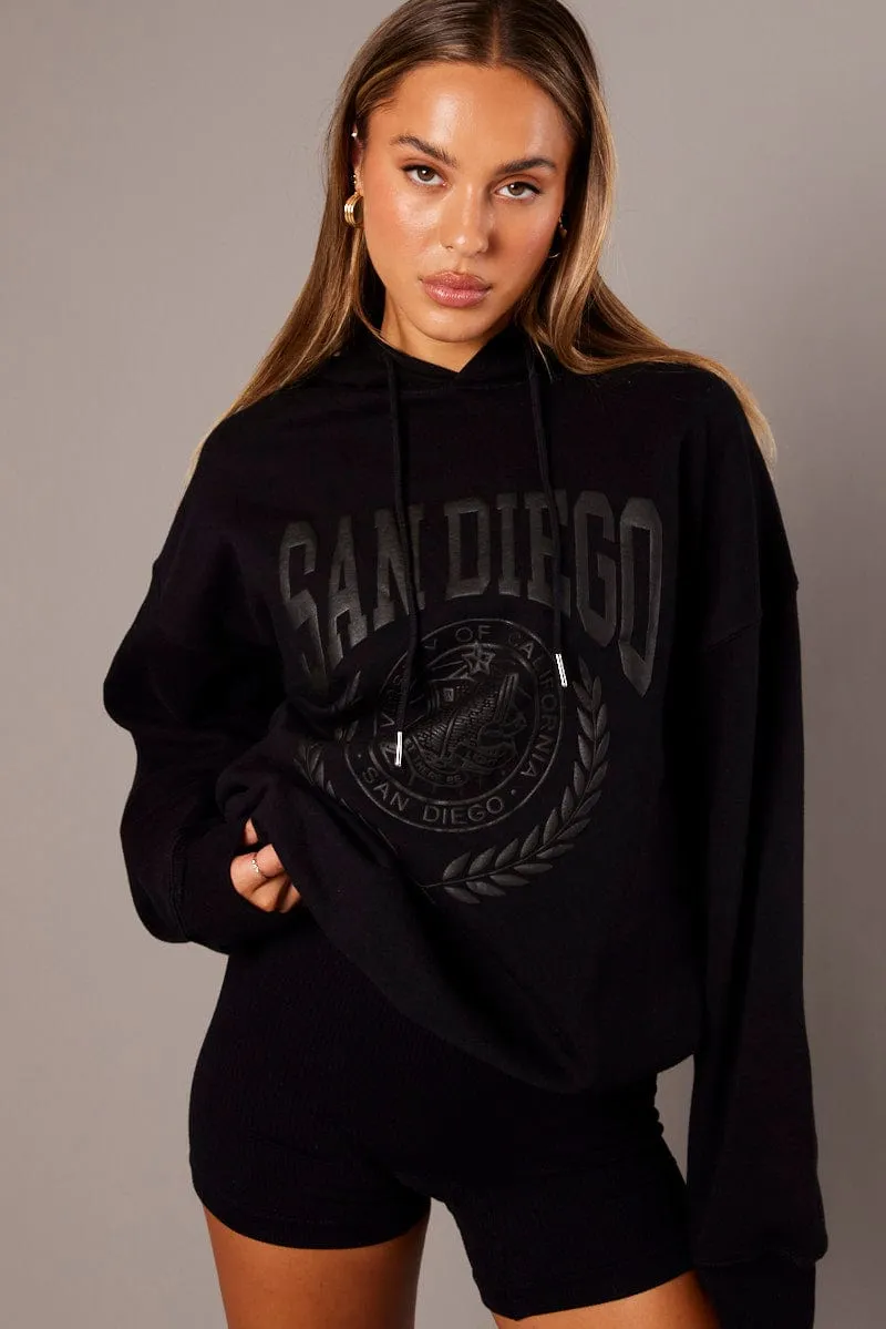 Black Graphic Hoodie Sweater Long Sleeve Anti fungal Street Bold