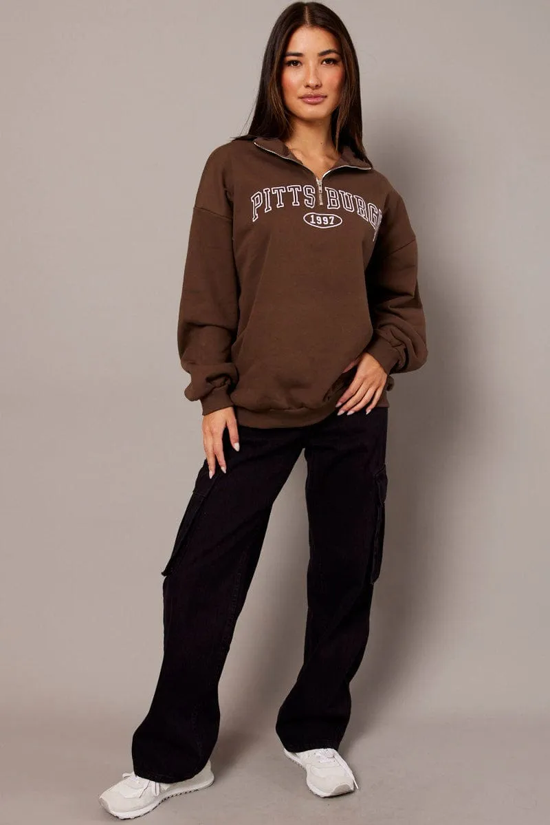 Anti-static Fitted Shape Brown Zip Neck Sweater Oversized