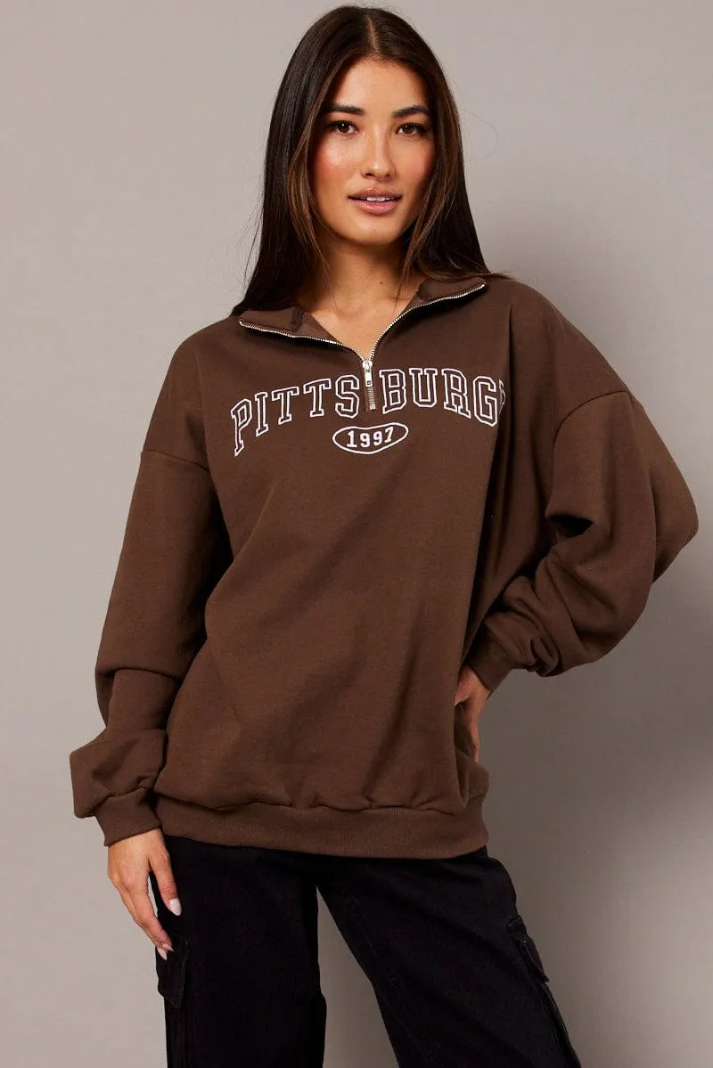 swimming suitable Brown Zip Neck Sweater Oversized