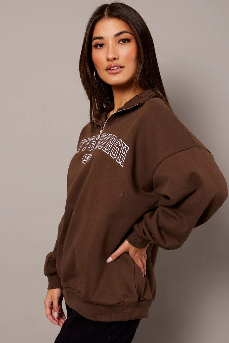 Brown Zip Neck Sweater Oversized product handmade quality