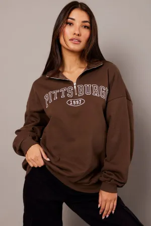 Brown Zip Neck Sweater Oversized Practical clothing