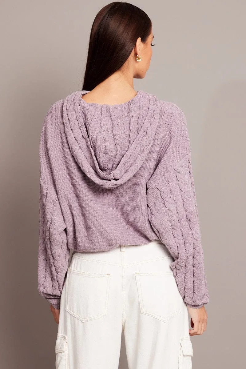 Everyday Layer appropriate for winter Purple Cable Knit Top Long Sleeve Hoodie