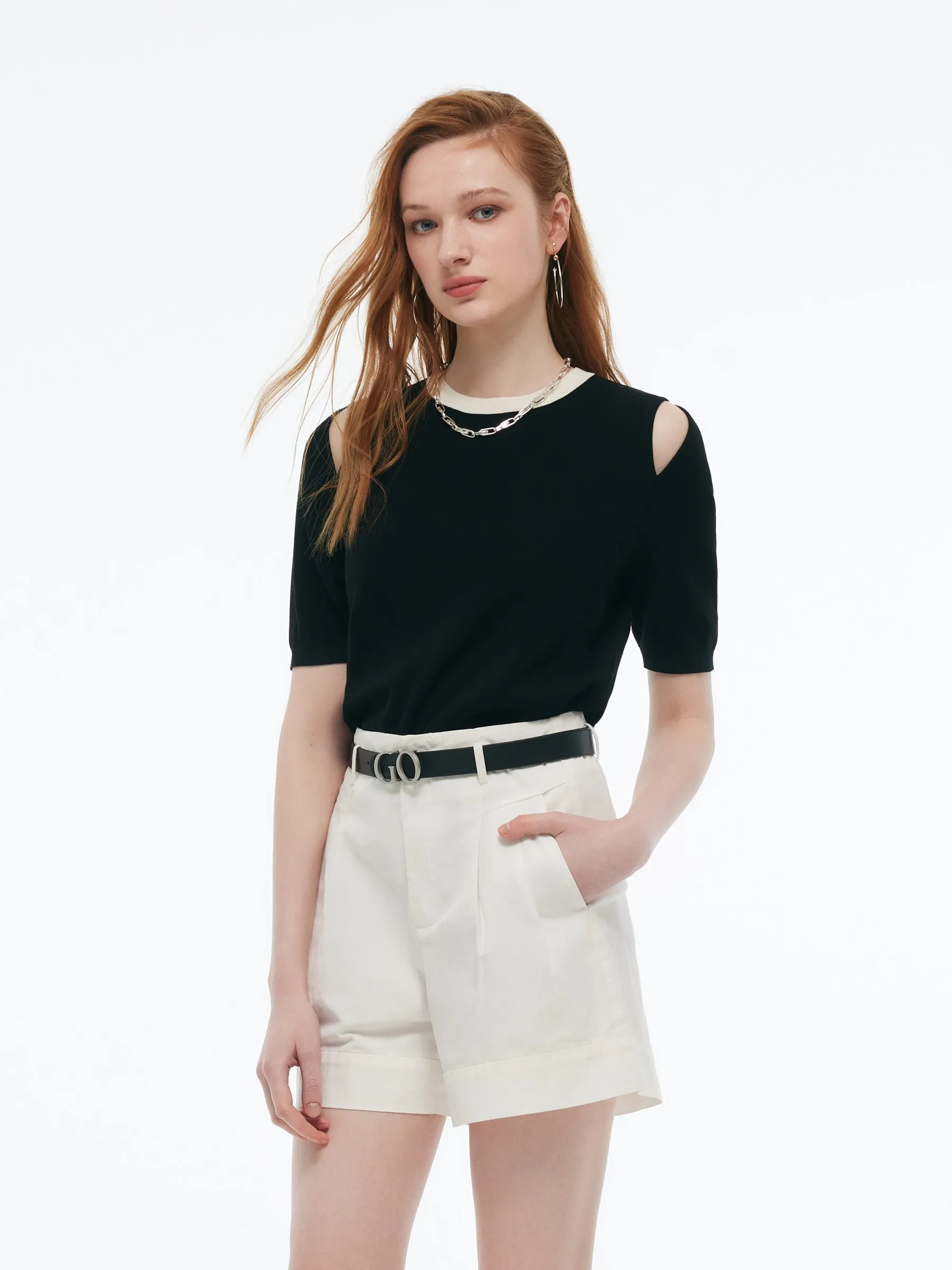 Minimalist Design Tencel Blend Women Cut Out Shoulder Women Knit Top
